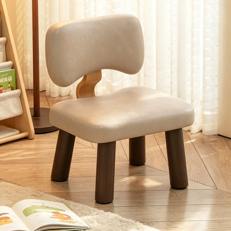 Solid Wood Low Stool With Backrest Soft Leather Cushion Anti Slip Feet For Living Room Entryway Shoe Changing Accent Seat