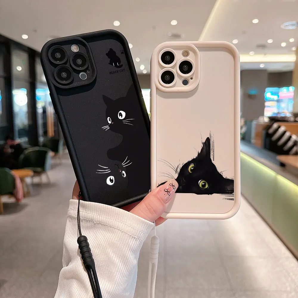 Cartoon Black Cat Phone Case for OPPO Realme 8 8i 7i 11 C11 C12 C15 C20 C21Y C31 C33 C35 C53 C55 C67 4G 5G Cover With Hand Strap