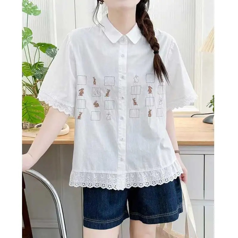 

Japanese Sweet Mori Girl Cartoon Rabbit Embroidery Cotton Shirts Women Summer Turn Down Collar Short Sleeve Casual Blouse Tops