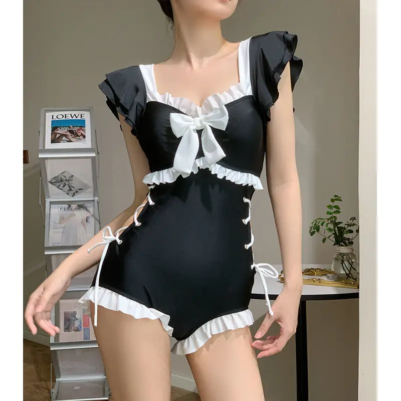 Korean Girl Summer Sweet Bow Ruffles Patchwork High Waist Swimsuit Women Sexy Push Up Slim Beach Wear Bathing One Piece Swimwear image 4