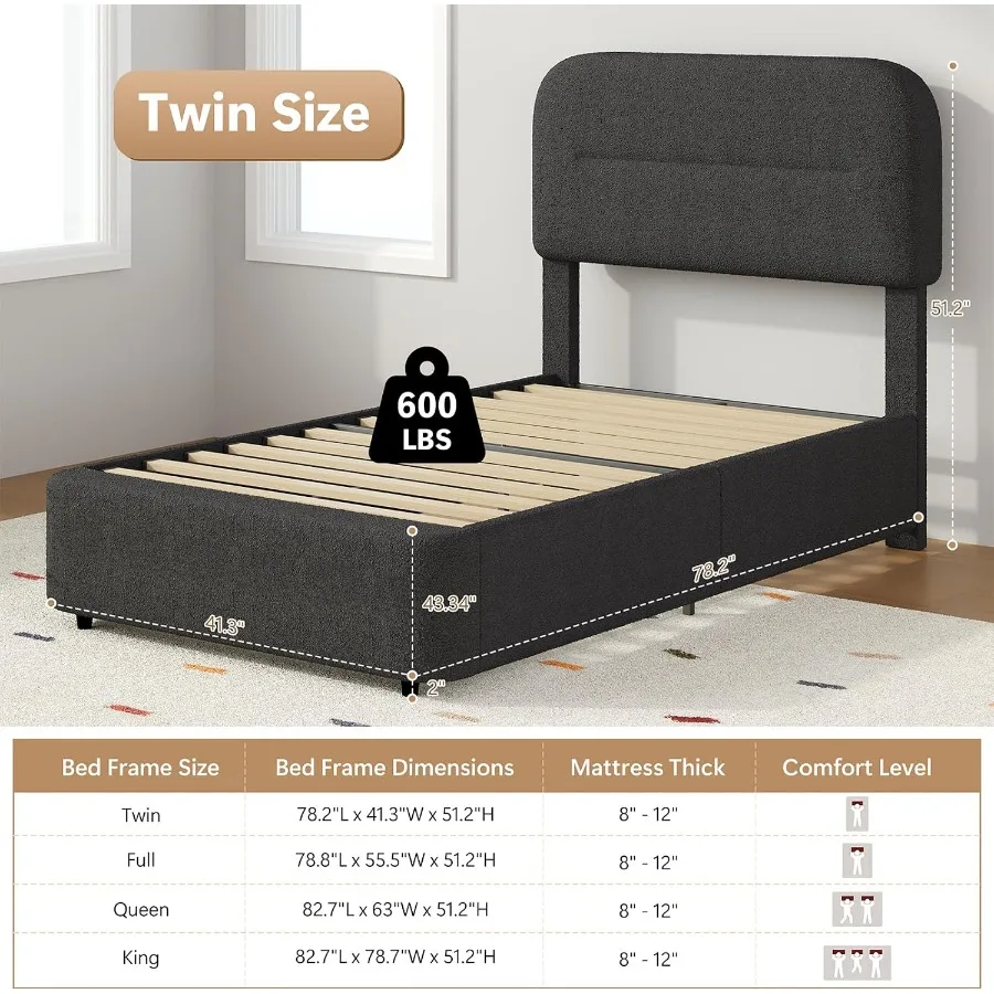 Bed Frame, Boucle Upholstered Platform Bed for Modern Bedroom, Beige Fabric, Soft Texture No Box Spring Needed