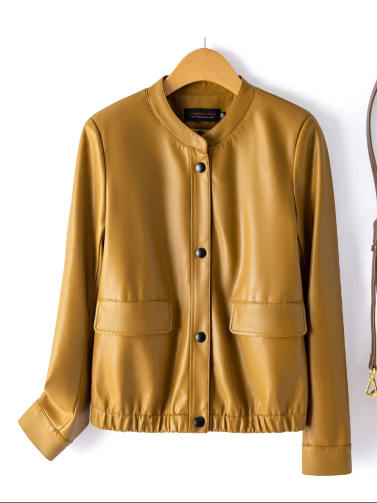 New Spring Jacket Women Korean Style Single Breasted Stand Collar Real Leather Jacket Female Genuine Leather Coat