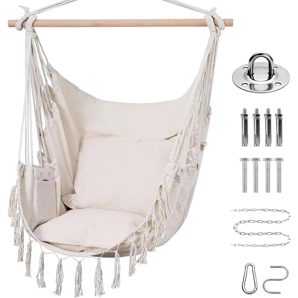 Goutime Hammock Chair,Hanging Rope Ceiling Swing with 2 Cushions, Macrame Boho Hanging Chairs for Indoor,Outdoor,Bedroom