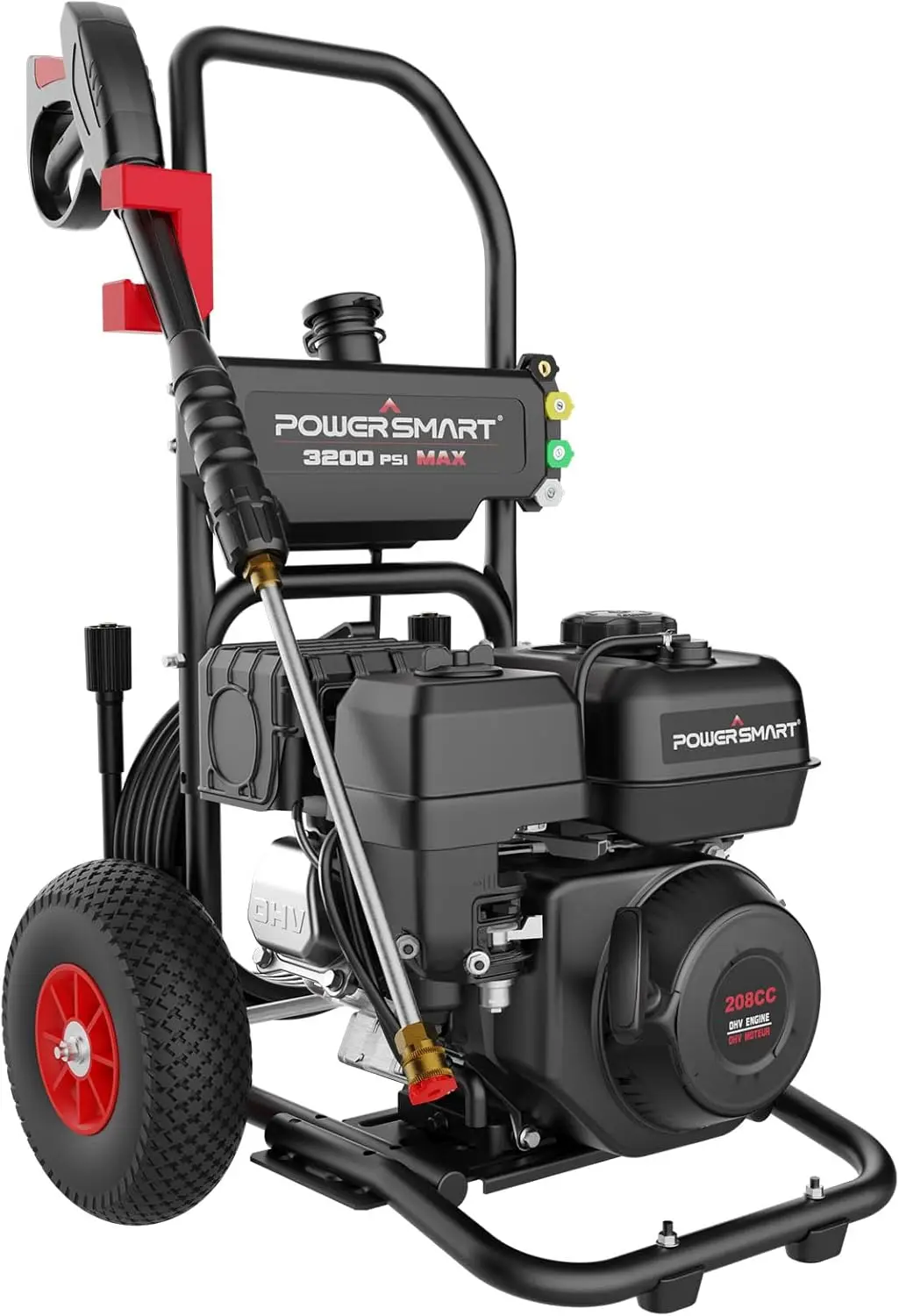 

Gas Powered Pressure Washer,3200PSI 2.5 GPM Axial Cam Pump, 208cc Onboard Soap Tank, 5 QC Nozzles 25ft Hose,