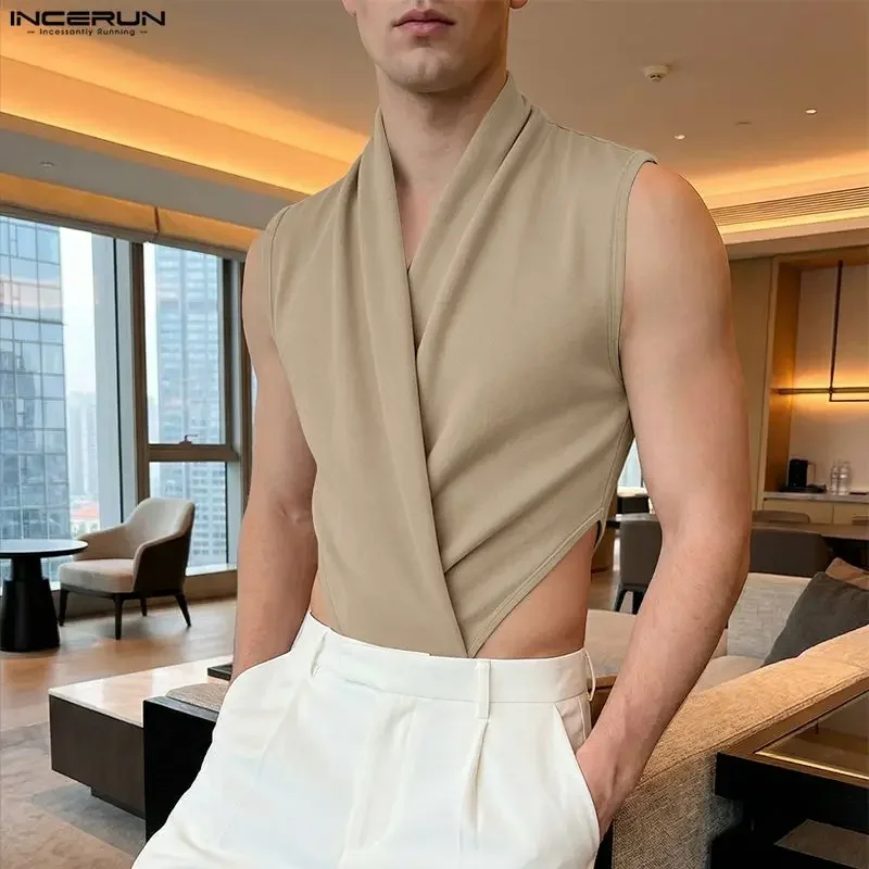 

INCERUN Men's Bodysuits Solid Color V Neck Sleeveless Pleated Rompers For Man Playsuits Streetwear 2026 Summer Fashion Bodysuit