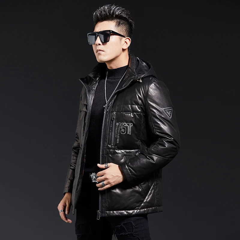 

2023 New Winter Genuine Leather Down Jacket Men's Hooded Thickened Warm Slim Top Layer Sheepskin Coat Men White Duck Down Coats