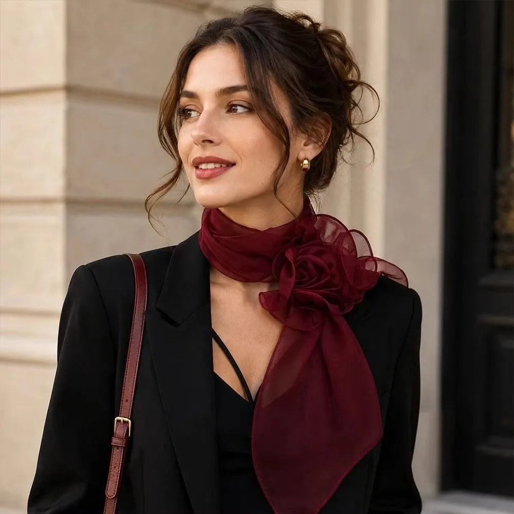 Versatile Chiffon Long Floral Scarf Elegant Soft Silk Rose Scarf Breathable Solid Color Women’s Neck Scarf Daily Outfit