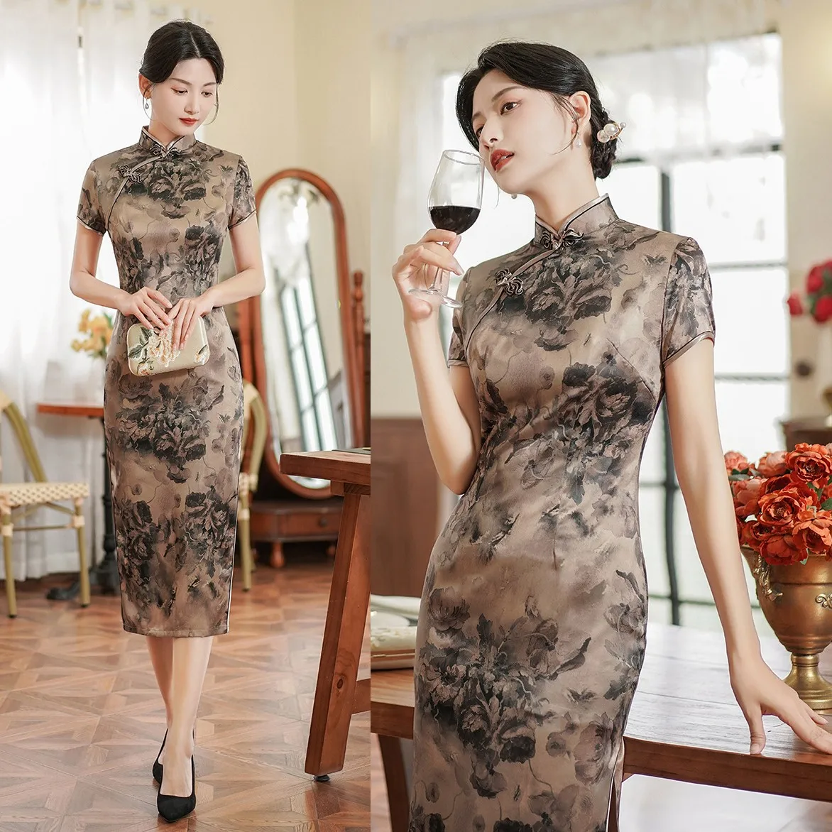 

Banquet Long Qipao New Chinese Dresses Elegant Cheongsams Sexy Women Floral Printing Dress Vestidos Silky Satin Improved Gown