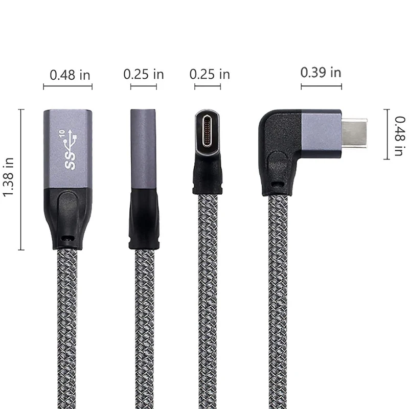 BAAJ-زاوية يمنى USB C تمديد كابل قصير، مضفر وألومنيوم USB-C 3.1 ذكر إلى أنثى تمديد، Gen 2 10Gbps
