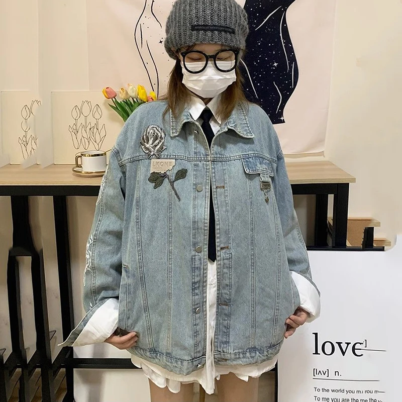 

Retro Denim Jacket Female Design Sense Niche Lace Loose Base Coat 2024 Spring Autumn New Casual Women's Motorcycle Jackets Tide