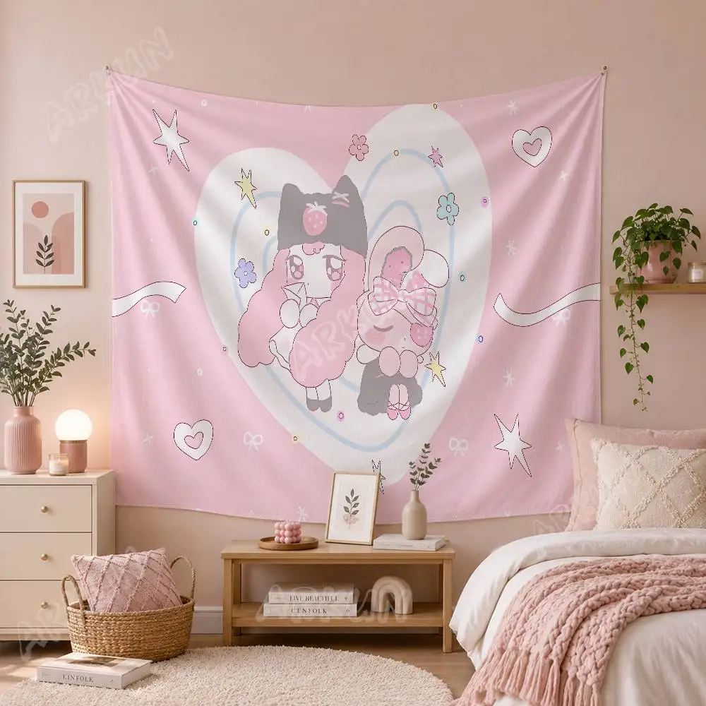 Kawaii Cartoon Bunny Tapestry Cute Pastel Pink Animal Character Wall Hanging Cloth for Girls Bedroom Decor