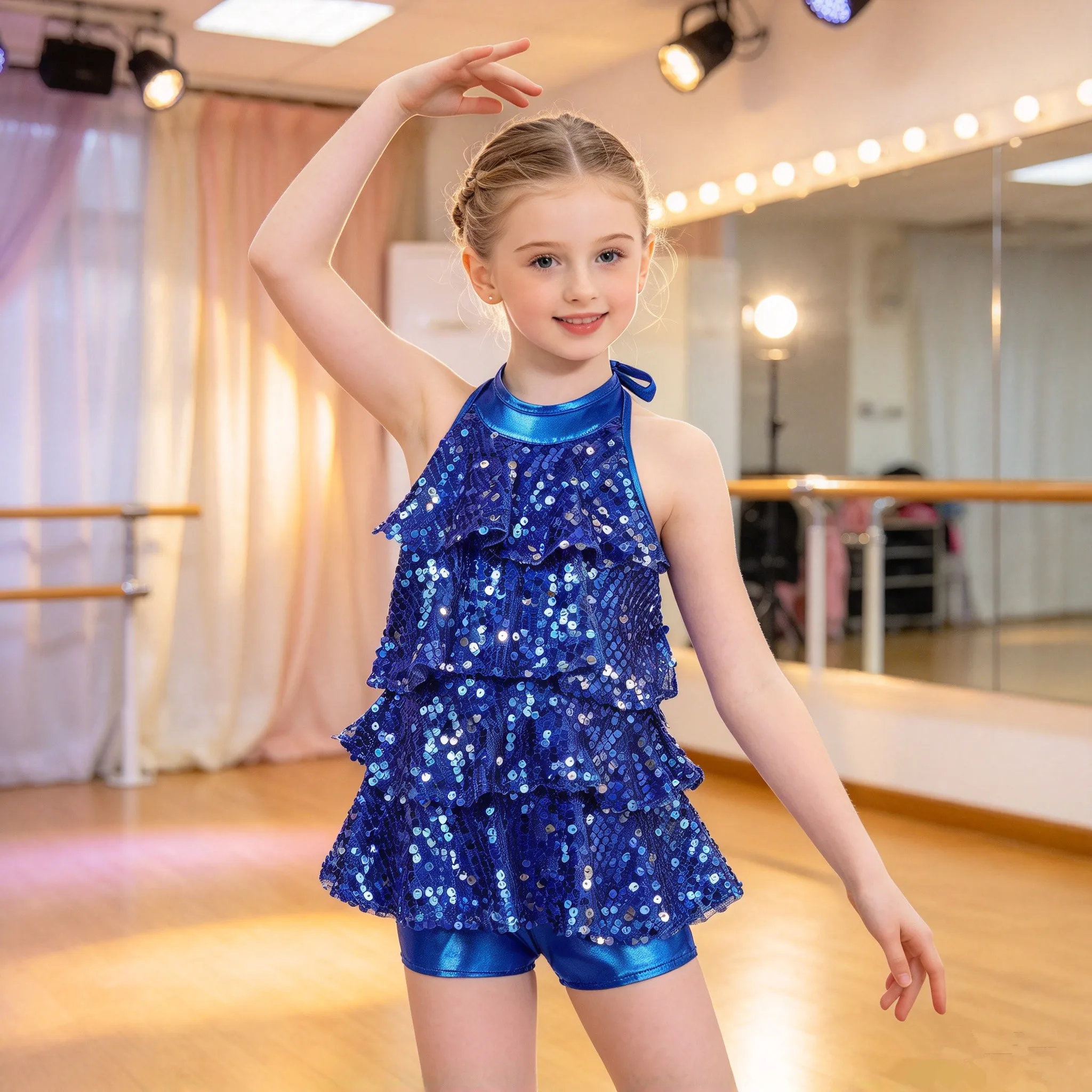 Kids Girls Halter Shiny Sequins Gymnastic Ballet Dance Shorty Unitard Dress Modern Jazz Latin Salsa Samba Rumba Dancing Costumes