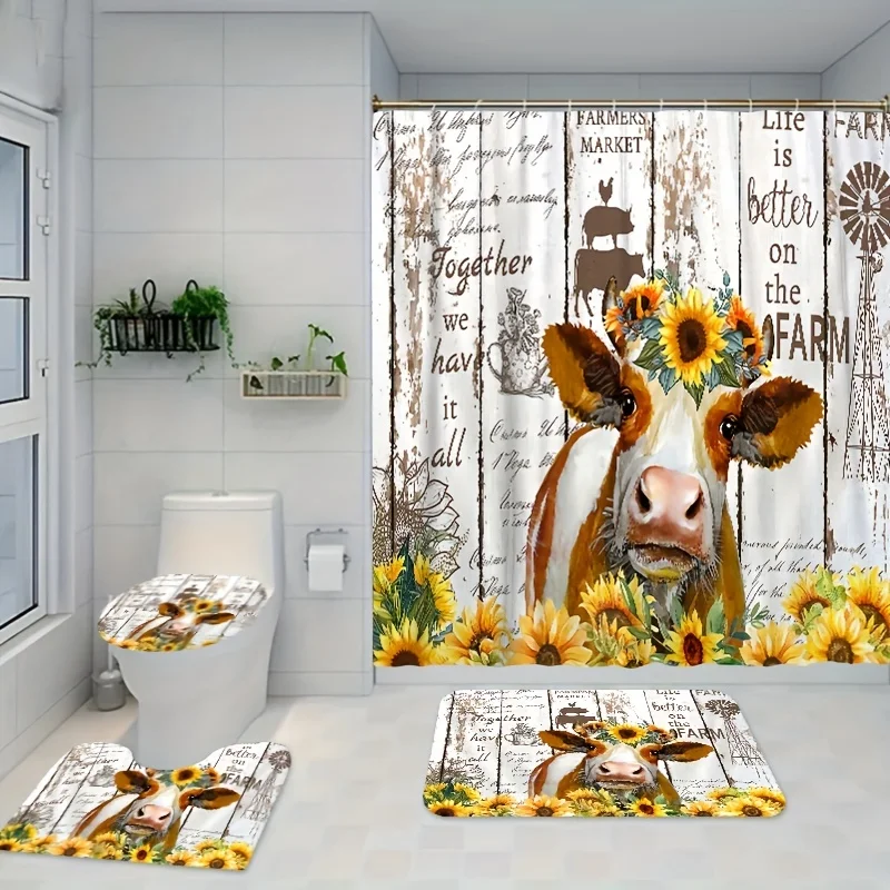 

4 шт., набор занавесок для душа с принтом коровы и подсолнечника, декоративный набор для ванной комнаты, включая водонепроницаемая занавеска для душа с H