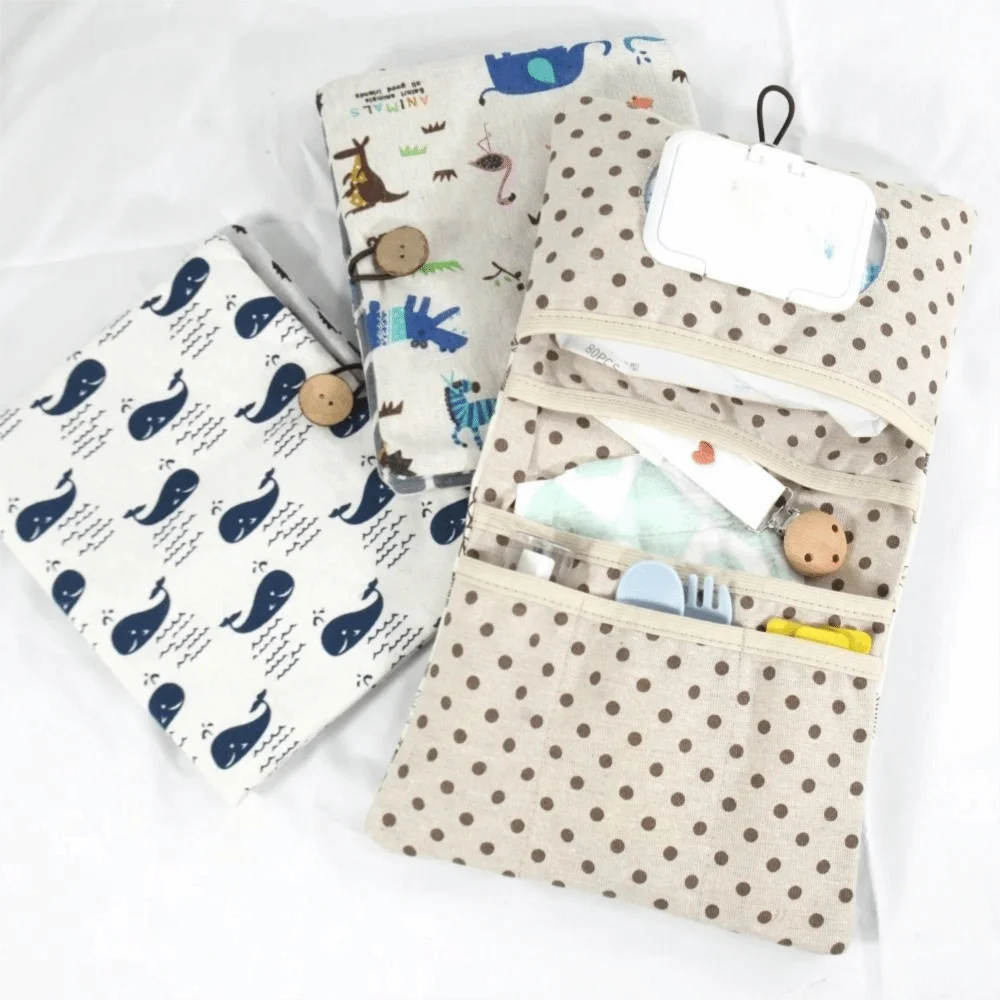 Cartoon Pattern Baby Diapers Storage Pouch Portable Foldable Stroller Storage Bags Multi-Compartment Reusable