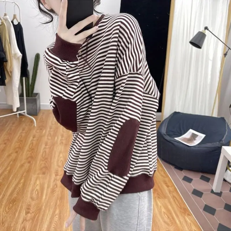 2023 Spring and Autumn Minimalist Casual Loose Fitting Oversized Round Neck Patchwork Striped Patchwork Versatile Women\'s Hoodie