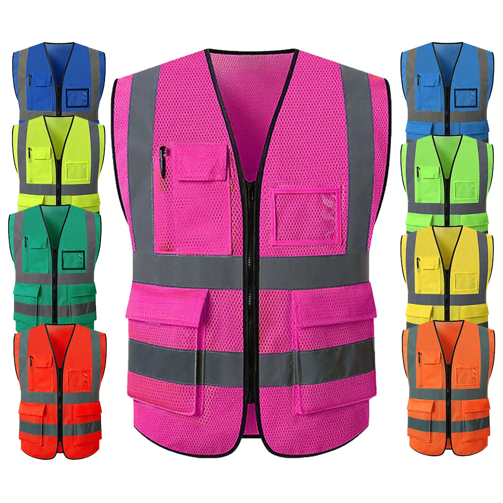 Pink Reflective Vest Safety Vest for Men Working Vest Workwear with Many Pockets Security Vest for Men Hi Vis Breathable Mesh