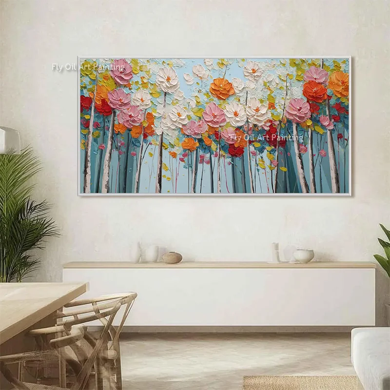 Large Modern Autumn Forest Canvas Artwork Hand Drawn Red Orange Brich Tree Landscape Oil Painting For Living Room Decor As Gift