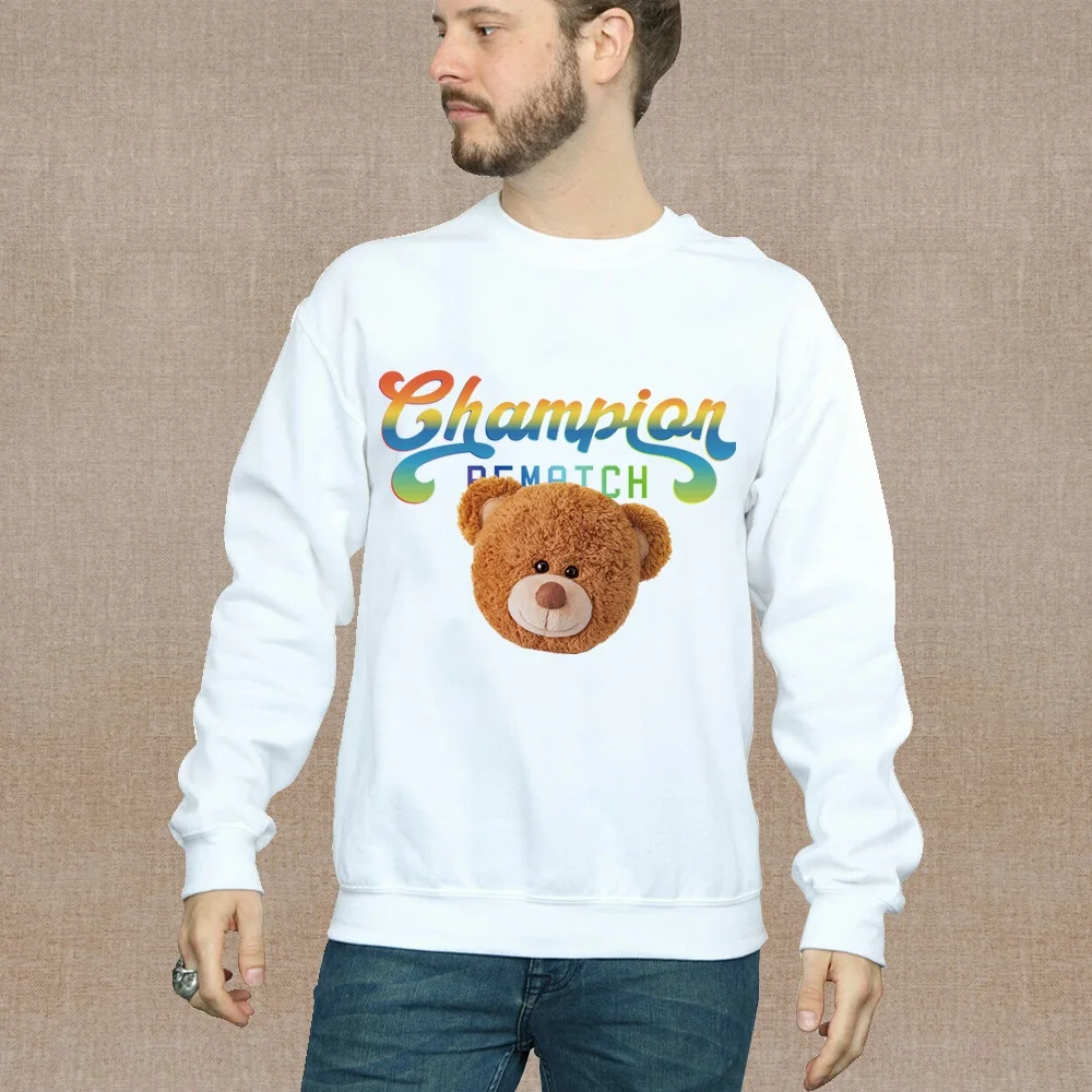 Men's Casual Fashion Long-sleeved Sweatshirt White Pullover Street Cartoon Teddy Bear Print Autumn Series Round Neck Warm Hoodie