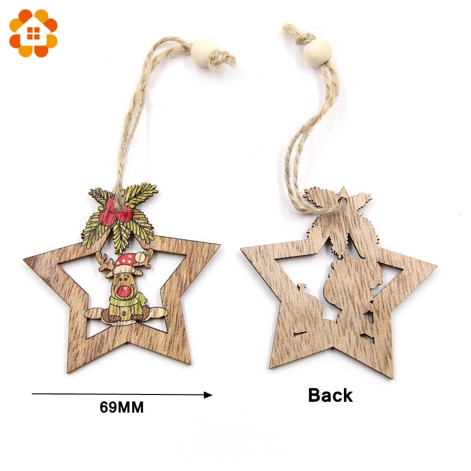 4PCS Christmas Star Wooden Pendants Ornaments Xmas Tree Ornament DIY Wood Crafts Kids Gift for Home Christmas Party Decorations