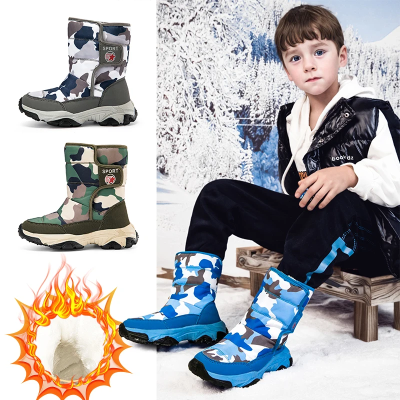 Children's cotton boots, boys' plush thick, medium and large children's outdoor high top boots, anti slip snow boots