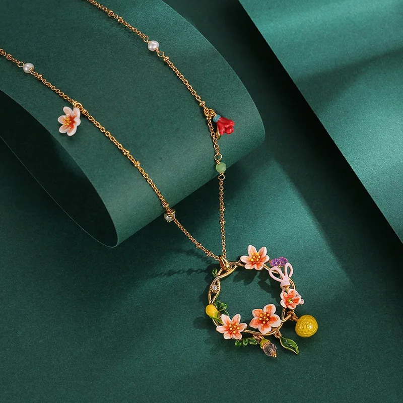 ArLea 2024 New Temperament Orange Garland Necklace Handmade Enamel Necklace Fruit Flower Necklace Best Party Birthday Gift