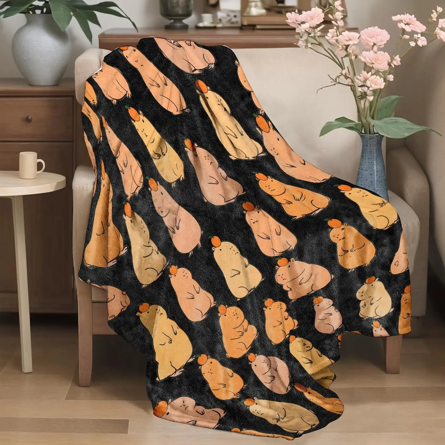 Cute Cartoon Capybara Flannel Blanket Adorable Animal Design Warm Lightweight Throw Blankets Sofa Picnic Travel and Gathering