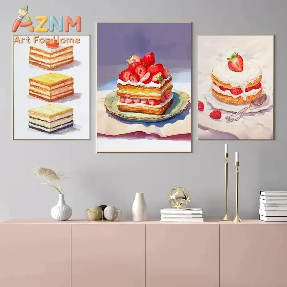 1pc frameless Watercolor French Pastries Berry Strawberry Cake Cream Puff Poster Wall Art Pictures Canvas Painting Room Kitchen