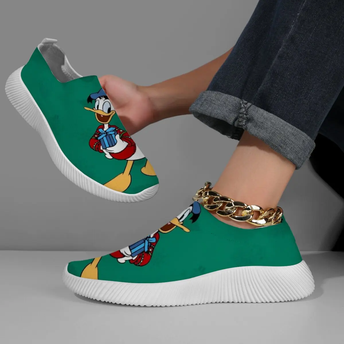 

Зеленые слипоны Disney Donald Duck, женская вулканизированная обувь, туфли без шнуровки на плоской подошве, женские лоферы, большие размеры 42, прогулочная обувь на плоской подошве