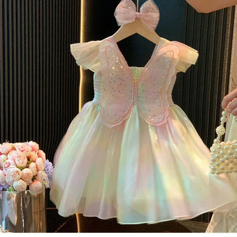 2026 New Summer Girls Rainbow Wings Princess Suspender Dress Kids Dance Performance Birthday Party Clothing