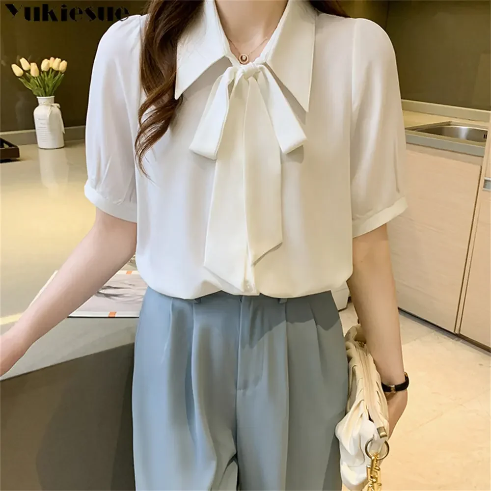 ฤดูร้อนสแควร์เกาหลีสไตล์แฟชั่นเสื้อผ้าผู้หญิงชีฟอง Femme Bow เสื้อด้านบนผู้หญิงเสื้อแขนสั้น