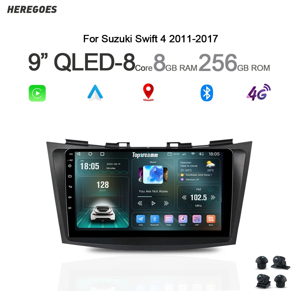 Carplay Auto Android 14 Car DVD Player Navigation GPS 8+256G Bluetooth Autoradio QLED Wifi Radio For Suzuki Swift 4 2011-2015