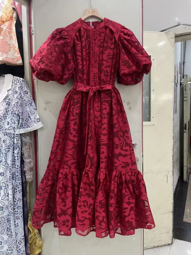 

Spring Summer Midi Loose Dress Women Puff Sleeve Fashion Design Contrast Color Printed Belt Vintage Retro Party