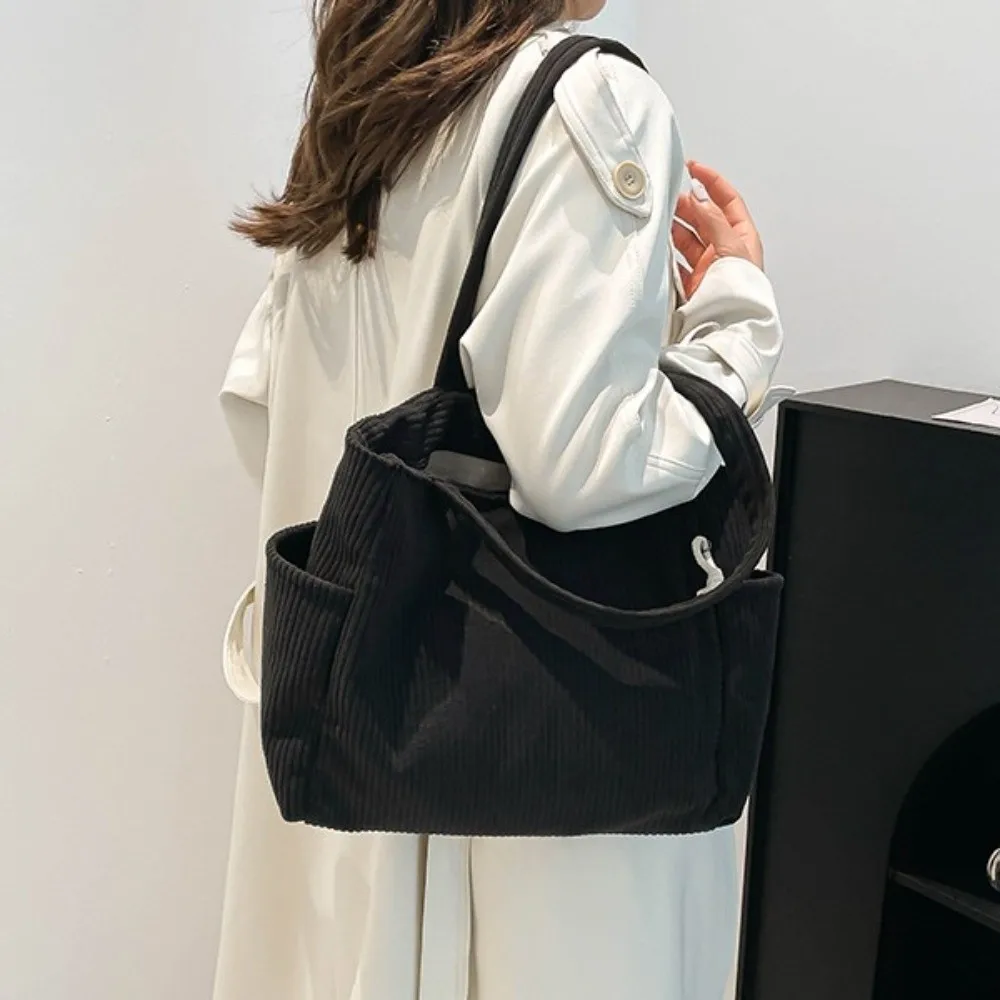 

Large Capacity Casual Corduroy Handbag Solid Color with Zipper Closure Leisure Shoulder Bag Fashion Shoulder Strap