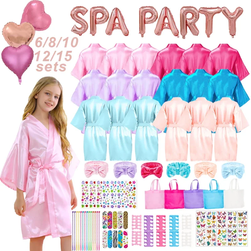 6-15set-spa-party-robes-for-girls-supplies-favors-kids-gowns-robe-soft-spa-headband-sleepover-birthday-party