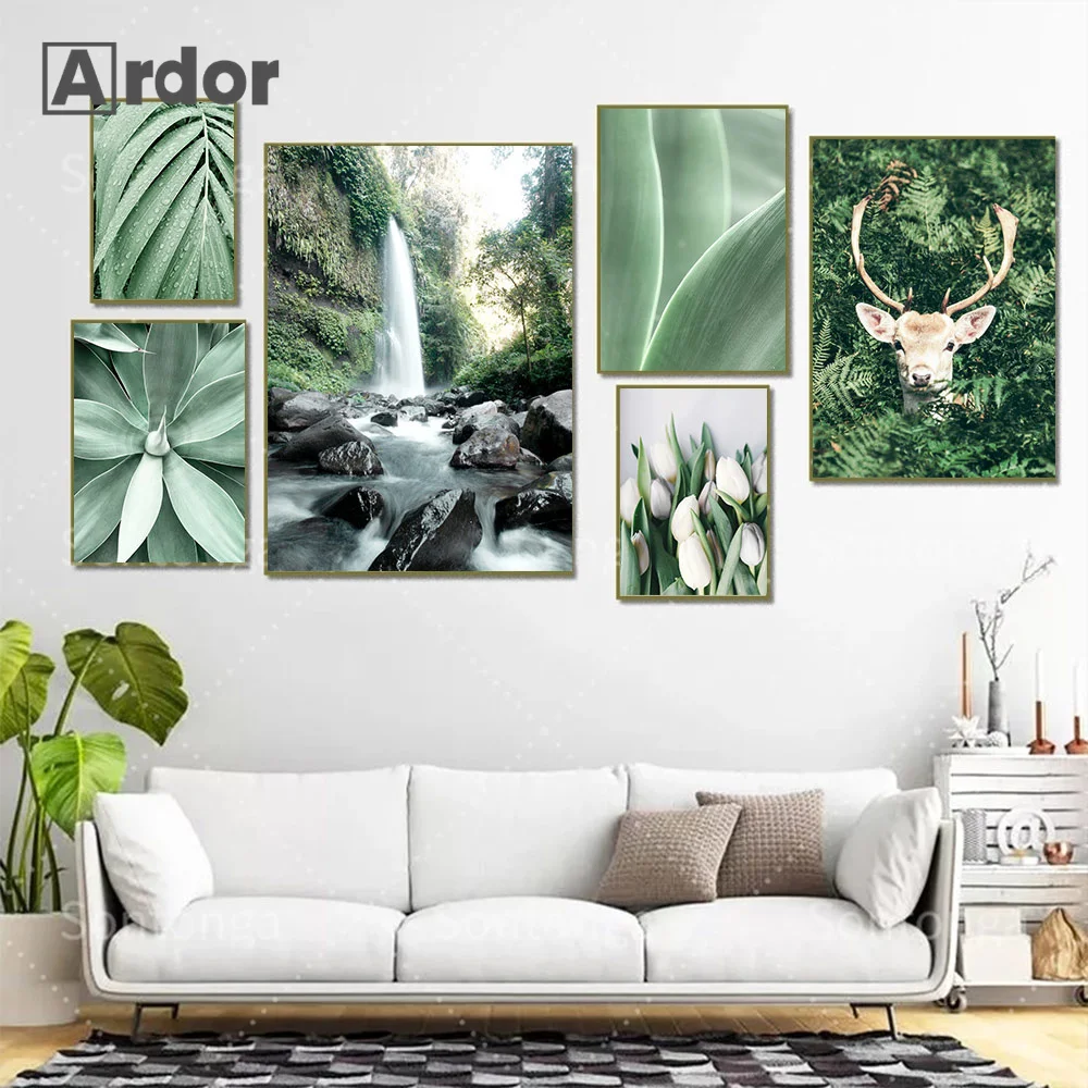 

Highland Cattle Mountain Waterfall Canvas Painting Palm Leaf Nordic Poster Green Plant Print Wall Art Pictures Living Room Decor