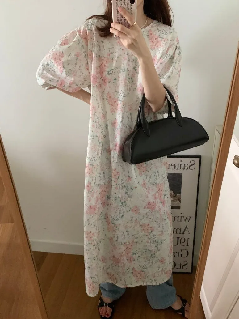 Retro Anti-Aging Two-Way Floral adient Print Loose Bubble Sve Long Dr Women's Summer New Sle Cotton Polyester Blend