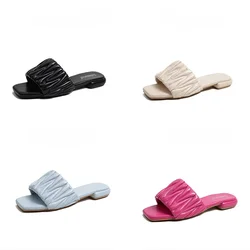 Sheepskin slippers women's summer wear 2024 new holiday pleated flat bottom square head sandals