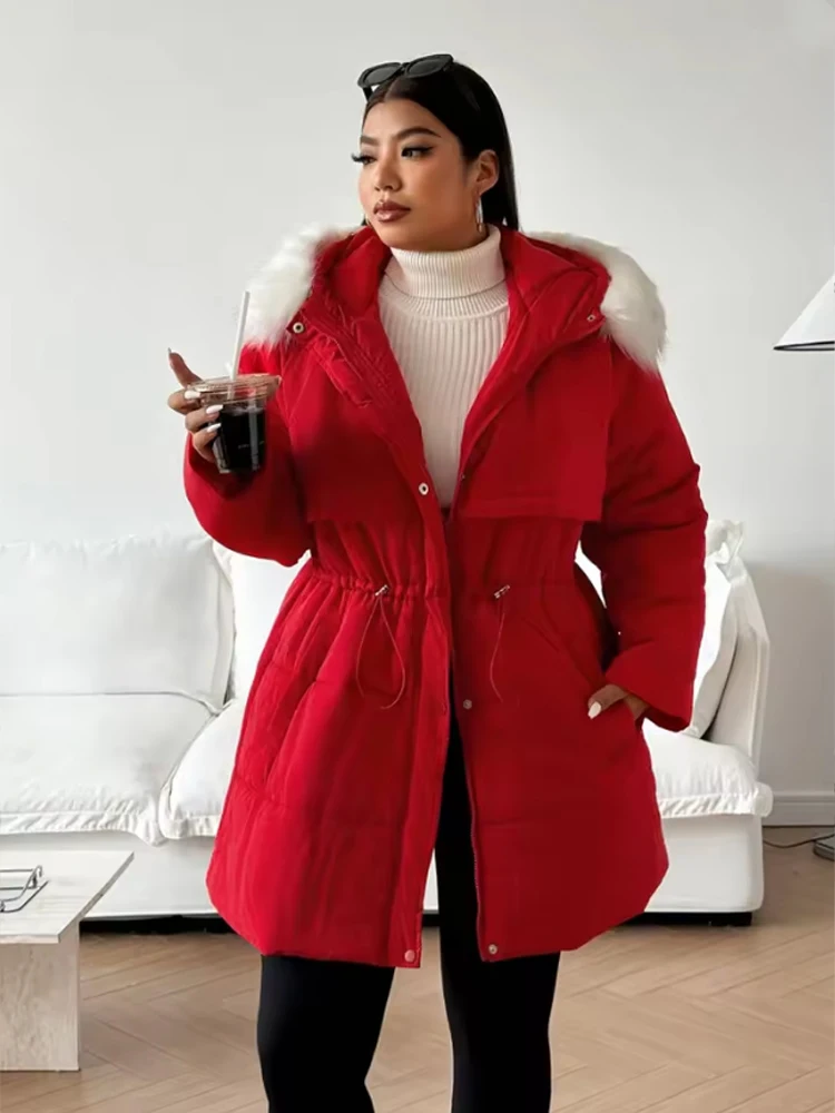 Casaco de inverno feminino tamanho grande vermelho fino cintura bolsos zip com capuz puffer casacos coreano popular roupas femininas jaquetas plus size topo