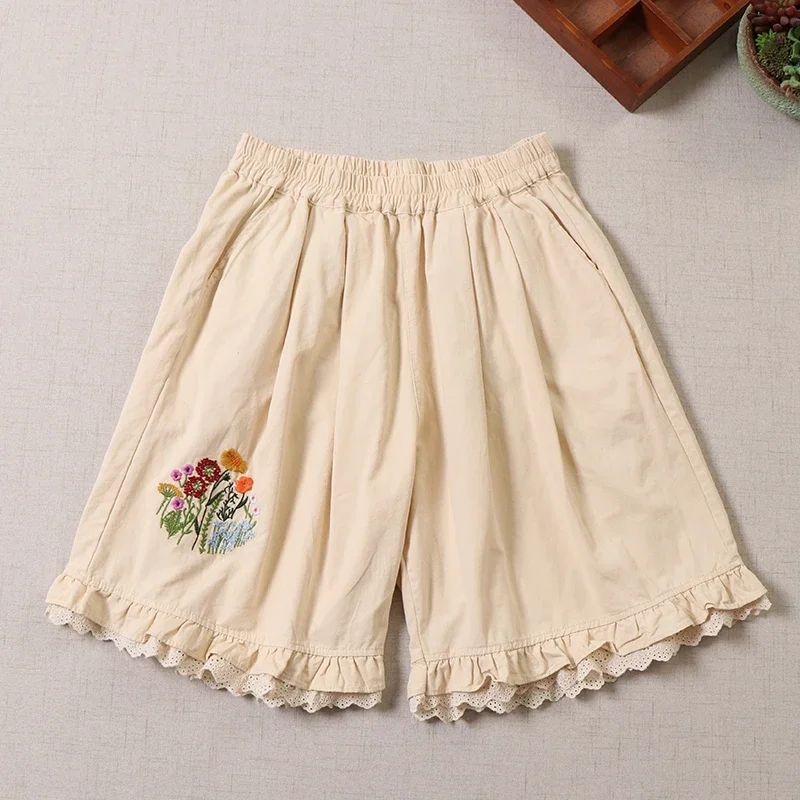 Harajuku Japan Style Mori Girl Floral Embroidery Shorts Women Summer Vintage Elastic Waist Casual Loose Cotton Linen Shorts