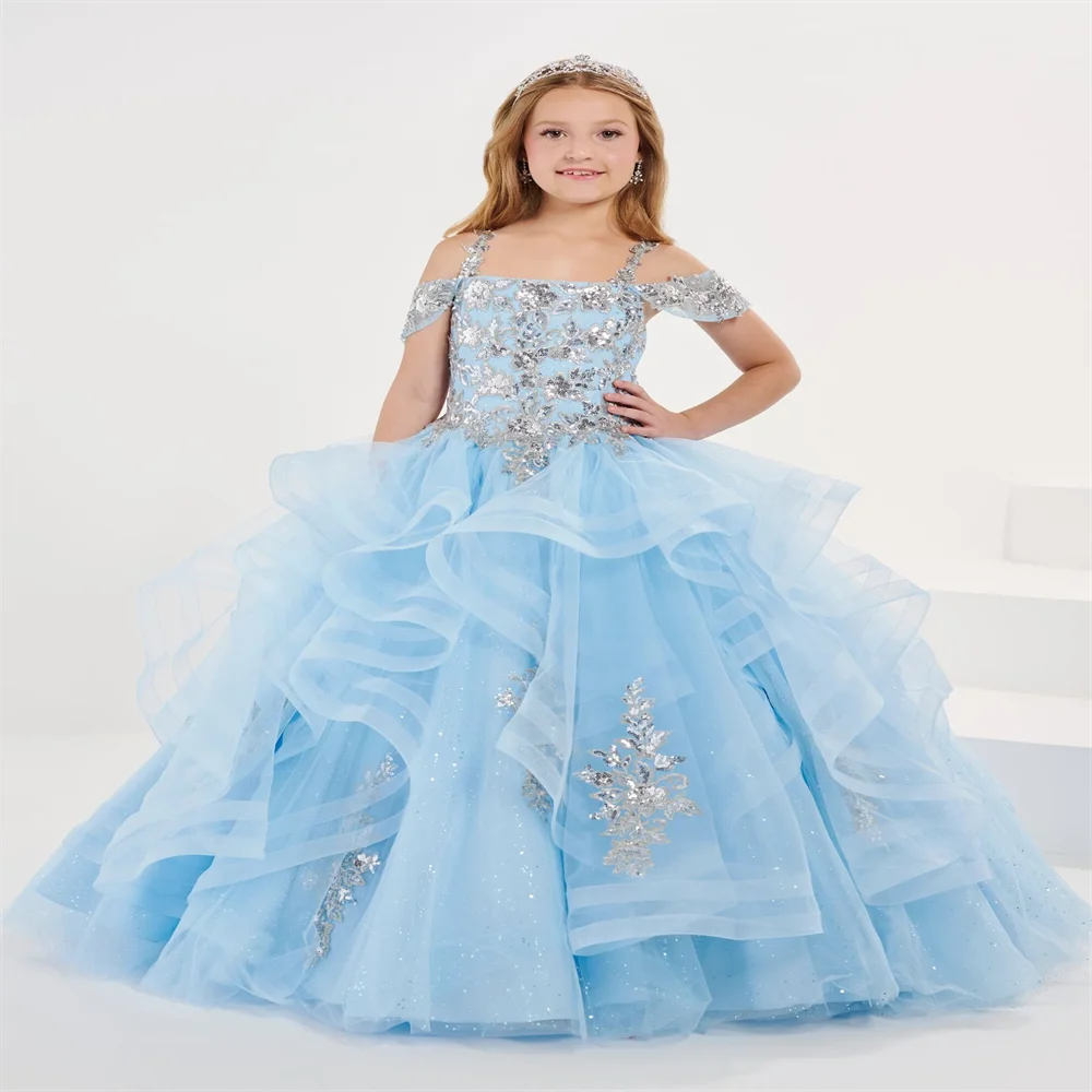 Sky Blue Ruffles Pageant New Flower Girl Dress Deluxe Decals Celebration Custom Princess Kids Prom Custom Dress Birthday Gift