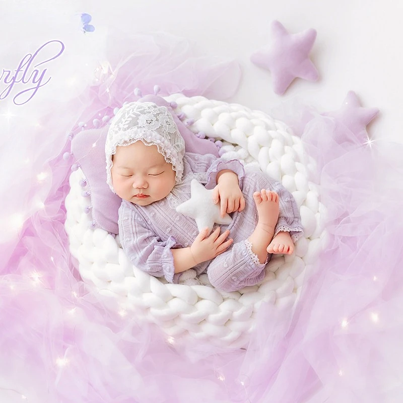 Newborn Photography Props for Baby Girl Photoshoot Outfit with Lace Hat White Knitted Poser Mesh Backdrop for Studio Photo Shoot