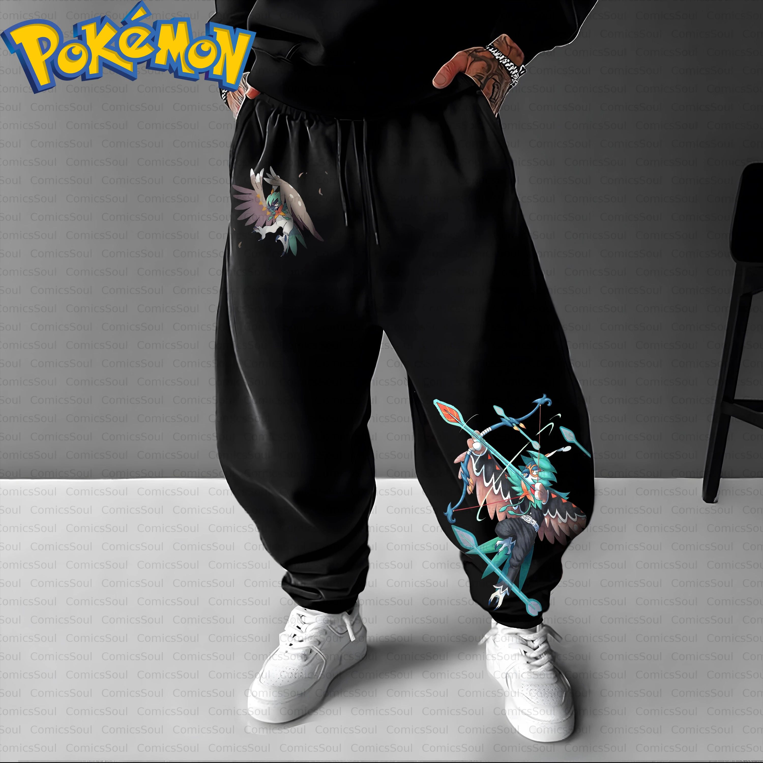 Novo algodão preto pokemon hoodie e calças harajuku conjunto com arco personagem volta impressão verde azul asas design e manga texto