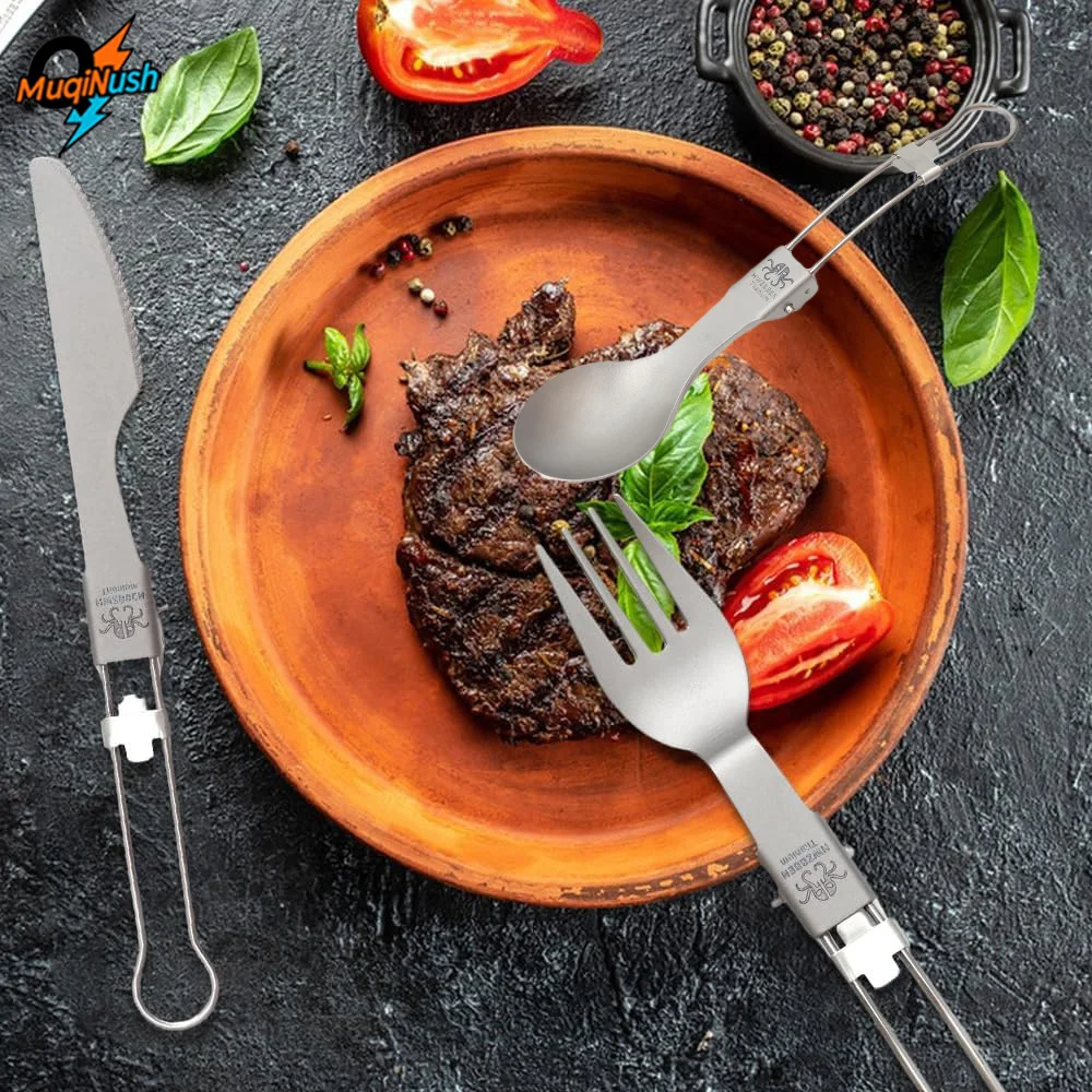 

MuqiNush 3 Pcs Pure Titanium Tableware Set Portable Folding Knife Fork Spoon with Polished Surface for Camping Hiking Cooking