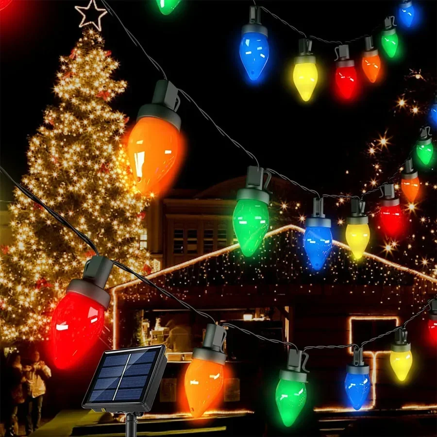 Luces solares de Navidad para exteriores, 7M, 50 LED, guirnaldas de luces alimentadas por energía Solar de fresa, guirnalda navideña, luces centelleantes de hadas para árbol de Navidad