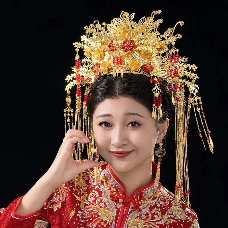 HIMSTORY New Chinese Ancient Costume Luxury Phoenix  Wedding Yellow Hair Crown Headdress Hair Accessories