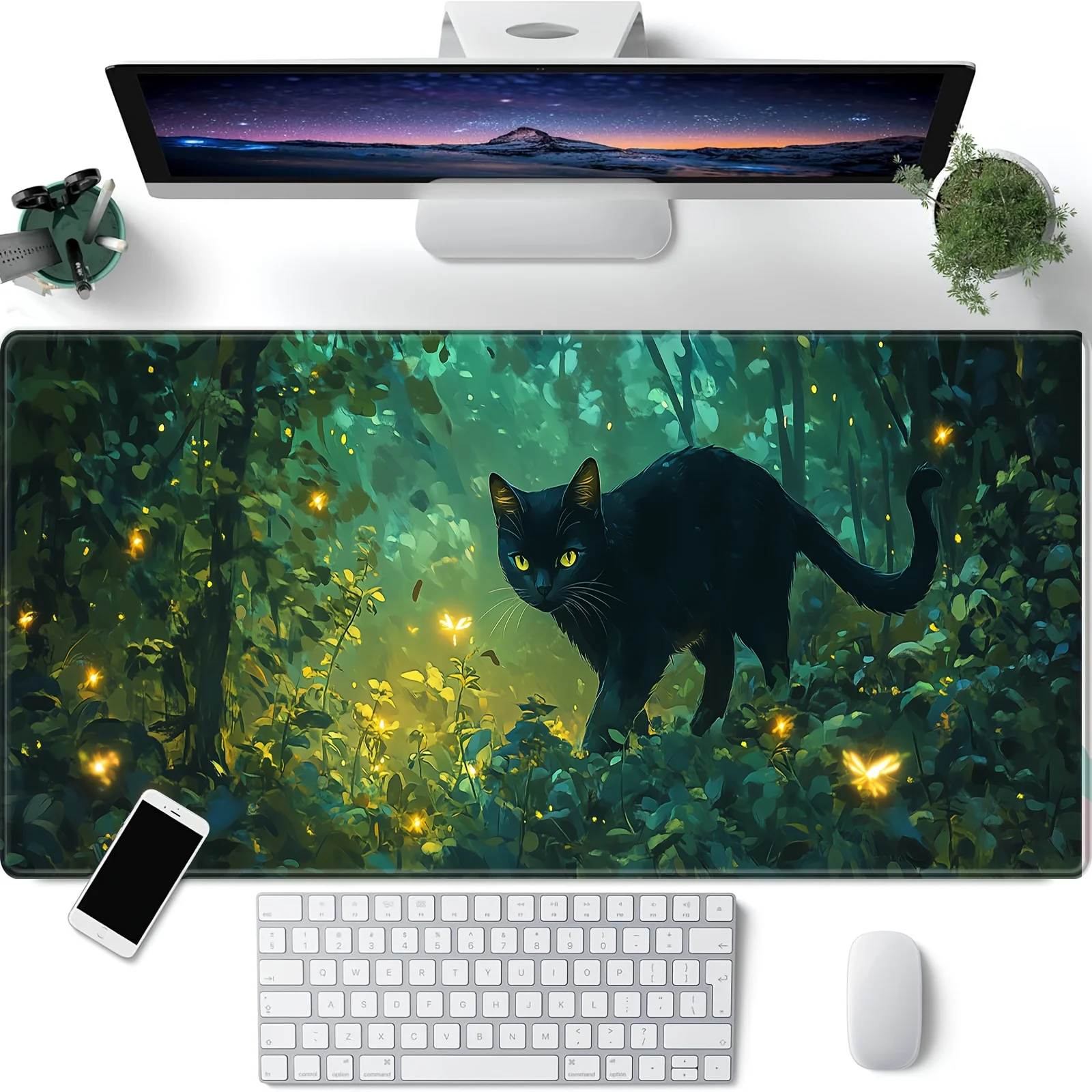 

Black Cat and Green Foliage Mouse Pad Large Rubber Non-slip PC Desk Accessories Mousepad for Office and Gamer Keyboard Decor Mat