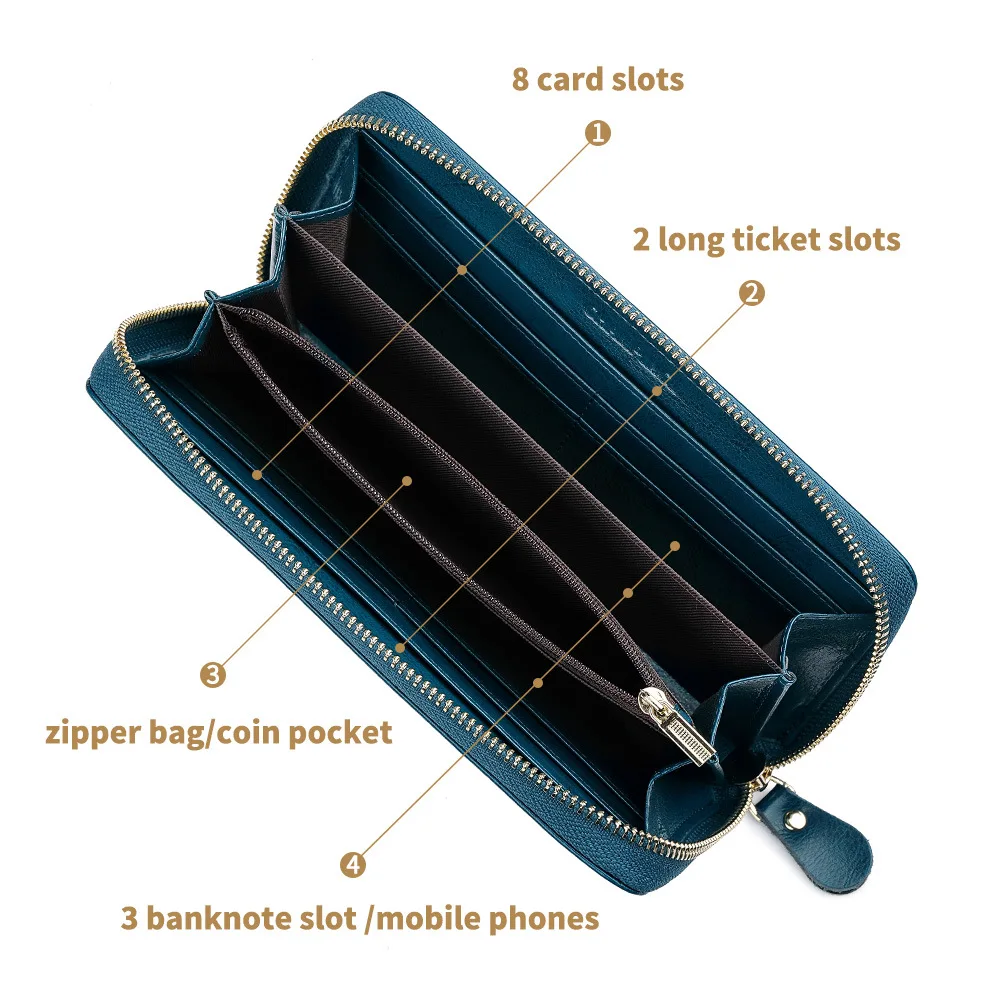 【Genuine Cow Leather】CHANPINCL Women's Long Wallet Luxury Coin Pocket Zipper Multi-Functional New Fashion Purse Youth Retro