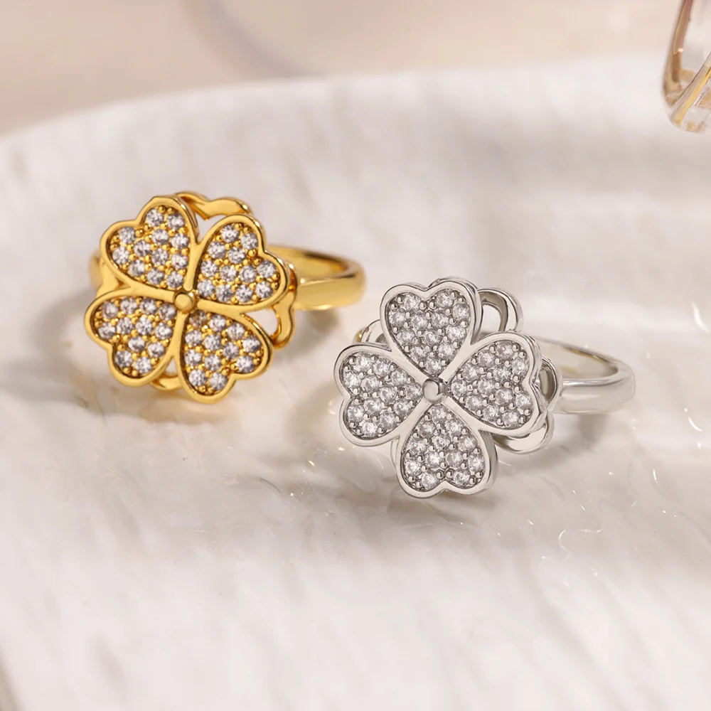 Elegant Leaf-Shaped Zirconia Women's Rings 18K Gold-Plated Openwork Four-Leaf Clover Jewelry Ring Gift