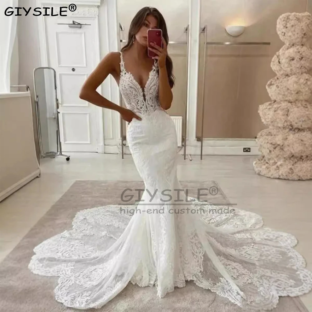 

GIYSILE Customized Elegant Tulle Wedding Dresses for Women Sexy Deep-V Backless Mermaid Bridal Gowns Bohemia Vestidos De Novia