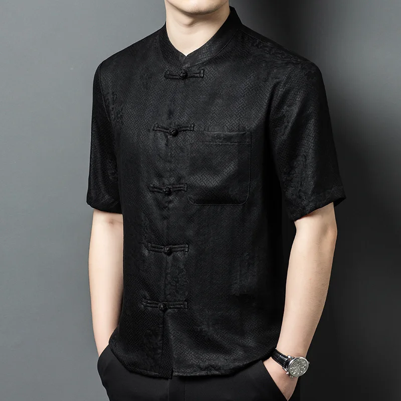 

High Quality Real Silk Summer New Stand Collar Shirt Suit Short Sleeve Middle-Aged Retro Style Thin Top Men's Dad Wear Half